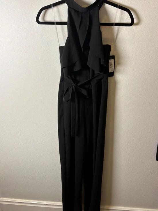 Bebe NWT Black Halter Ruffle Wide Leg Jumpsuit Size 4 - Picture 4 of 11